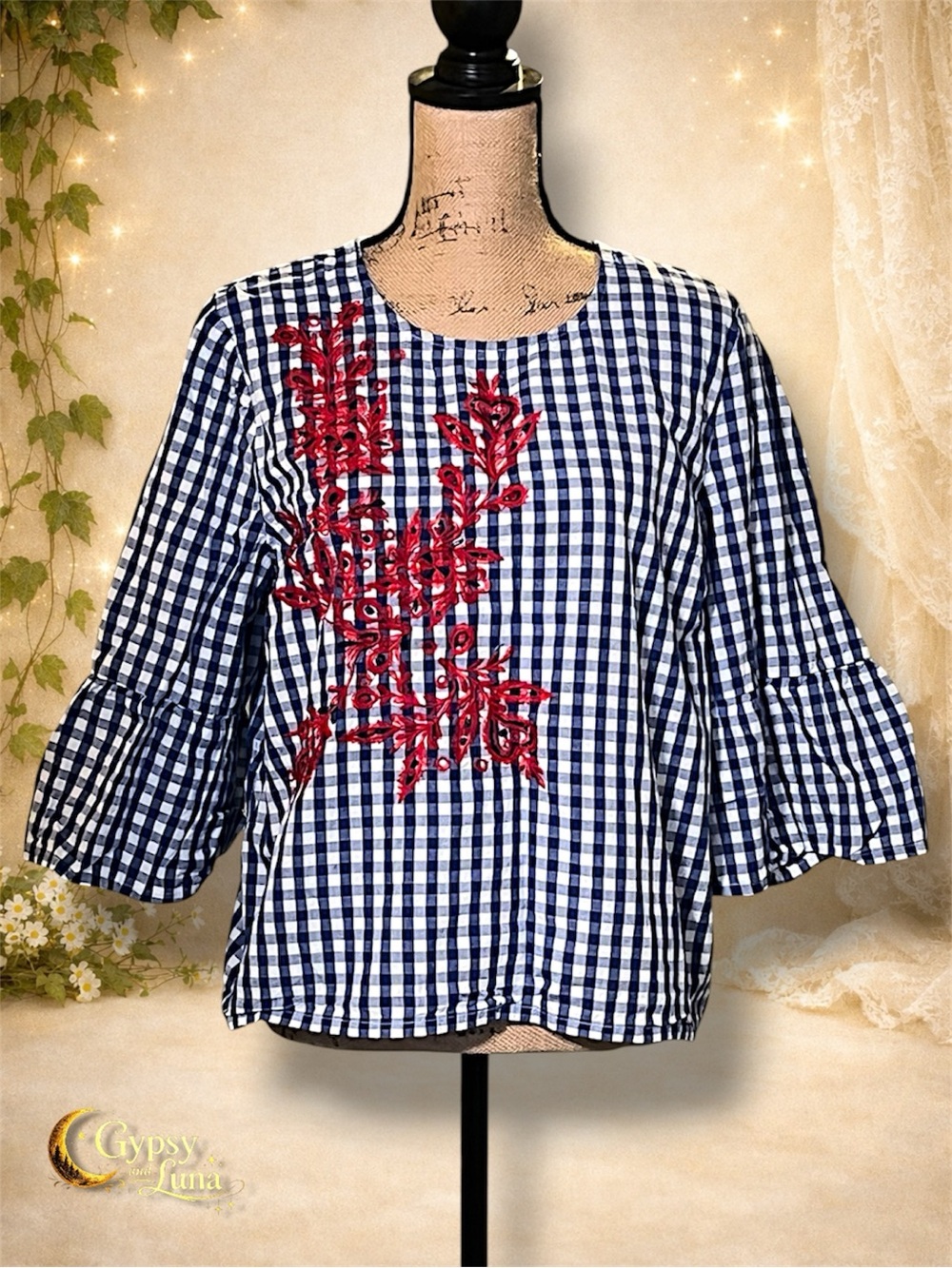 August Silk Floral Embroidered Ruffle Sleeve Blouse XL